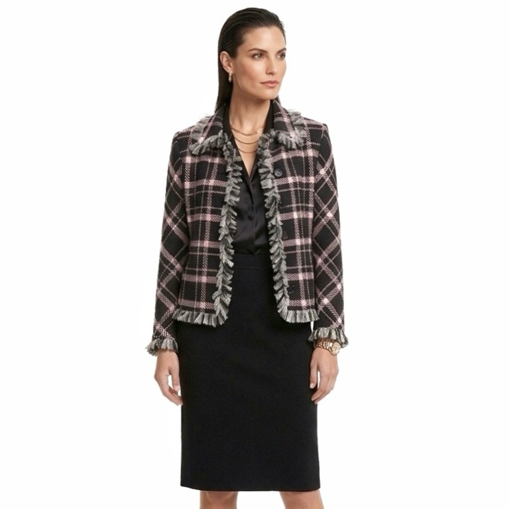ST. JOHN Santana Knit Pink & Black Plaid Mesh-Fringe Trim Jacket Blazer Size 10